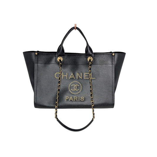 Chanel 2019 Black Caviar Studded Logo Deauville Tote