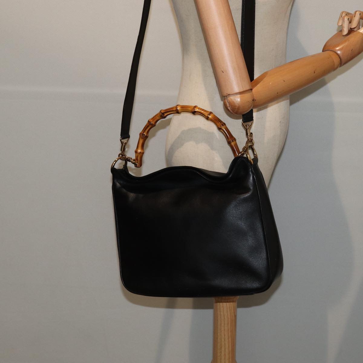 GUCCI Bamboo Hand Bag Leather 2way Black Gold 001 1638  ep5360
