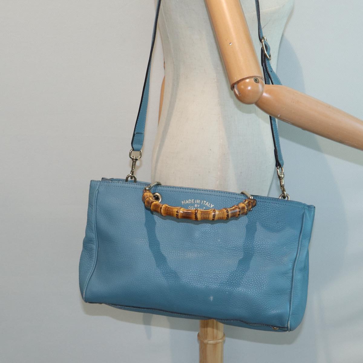GUCCI Bamboo Hand Bag Leather 2way Blue Gold 323660  ep5409