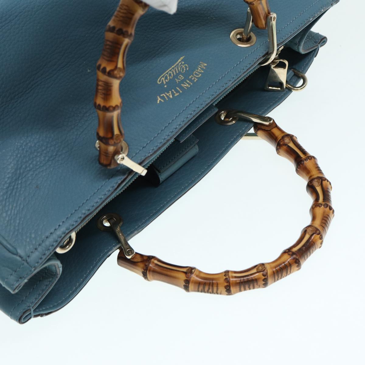 GUCCI Bamboo Hand Bag Leather 2way Blue Gold 323660  ep5409