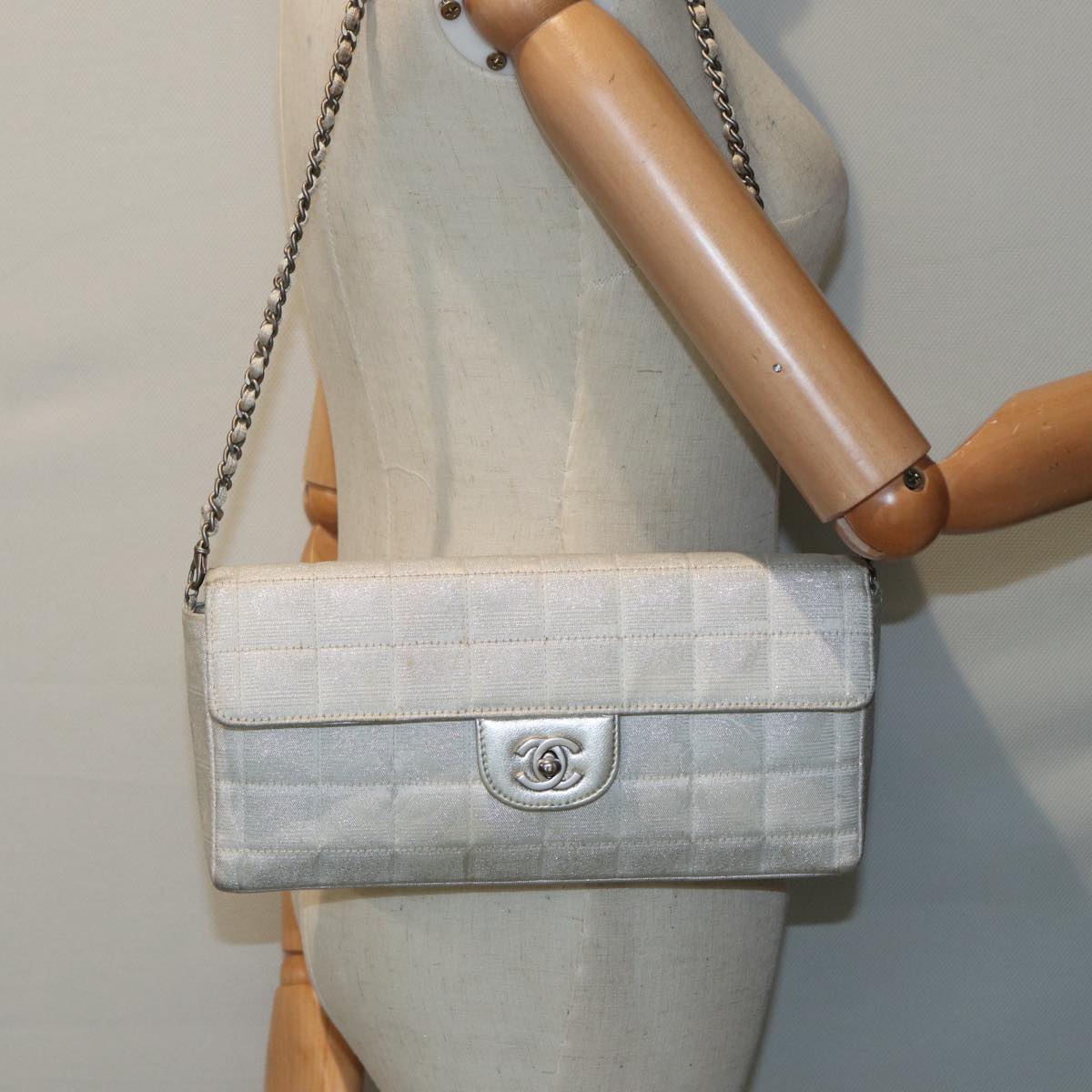 CHANEL Chain New Travel Line Shoulder Bag Nylon Beige Silver CC ep5439