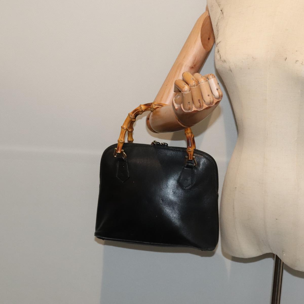 GUCCI Bamboo Hand Bag Leather Black Gold 000 1046 0290  ep5474
