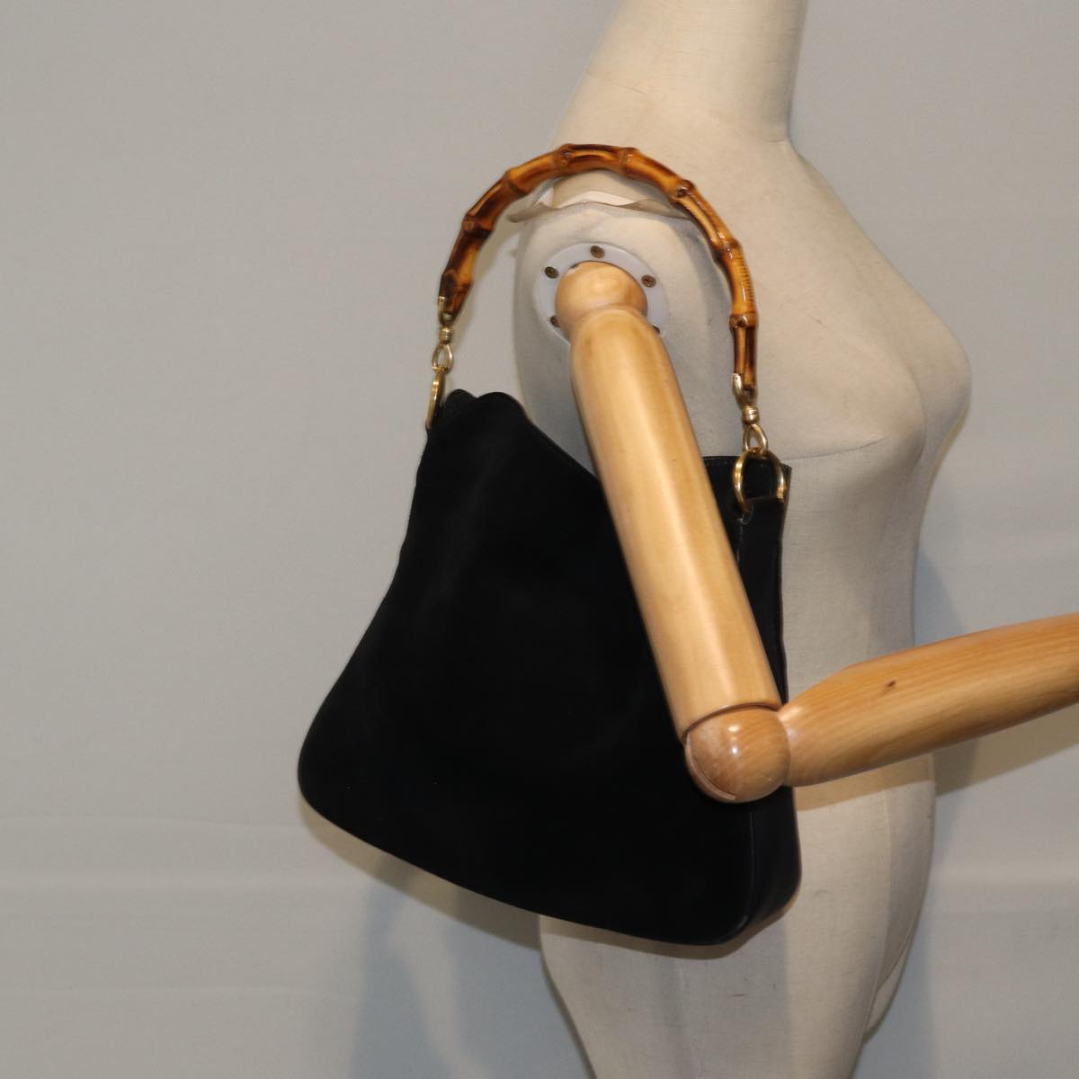 GUCCI Bamboo Hand Bag Suede Black Gold 001 2113 1638  ep5589