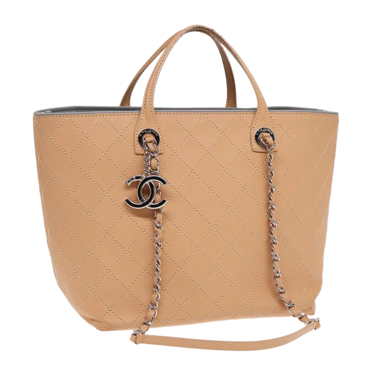CHANEL Matelasse Chain Tote Bag Leather Beige Silver CC ep5902