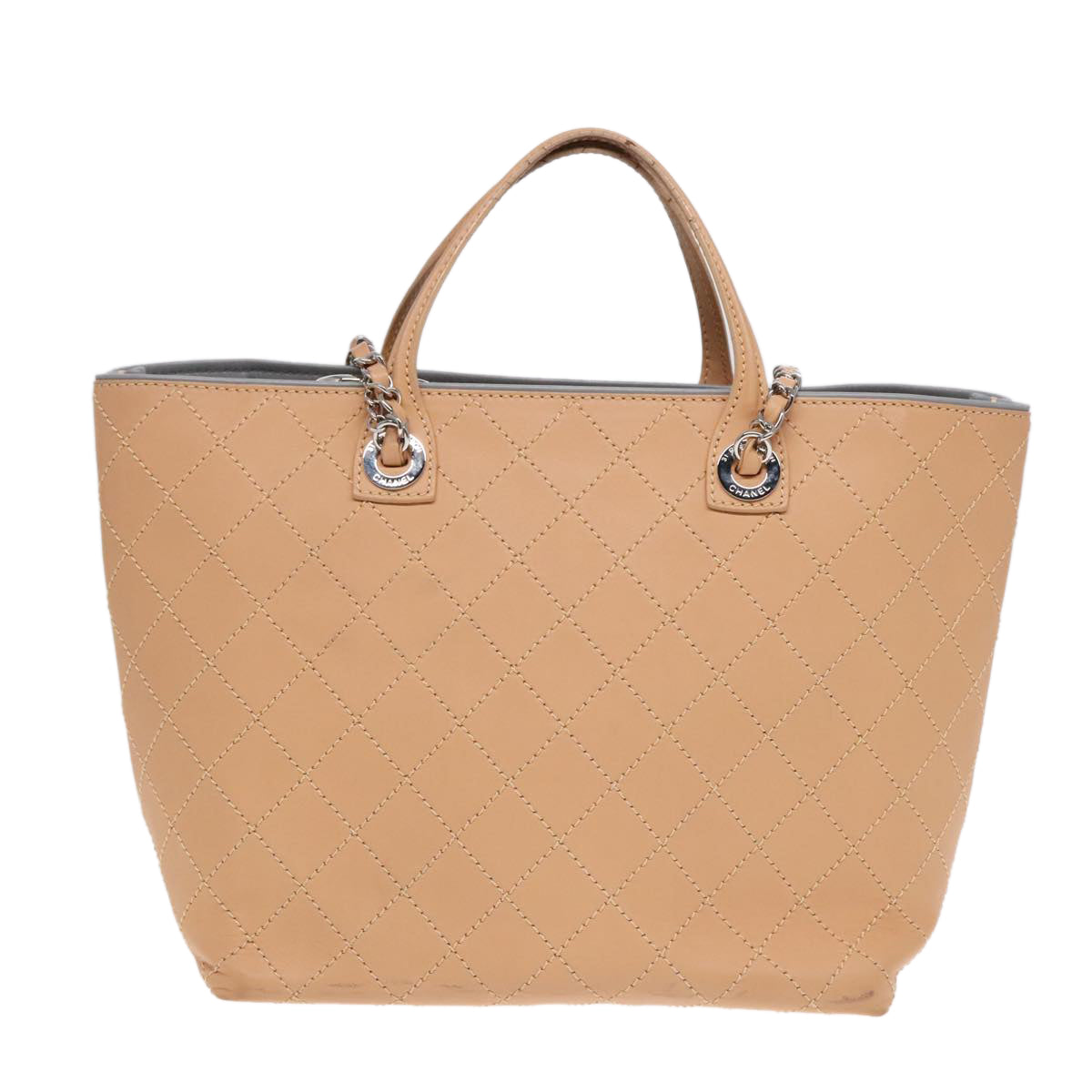 CHANEL Matelasse Chain Tote Bag Leather Beige Silver CC ep5902