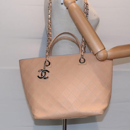 CHANEL Matelasse Chain Tote Bag Leather Beige Silver CC ep5902