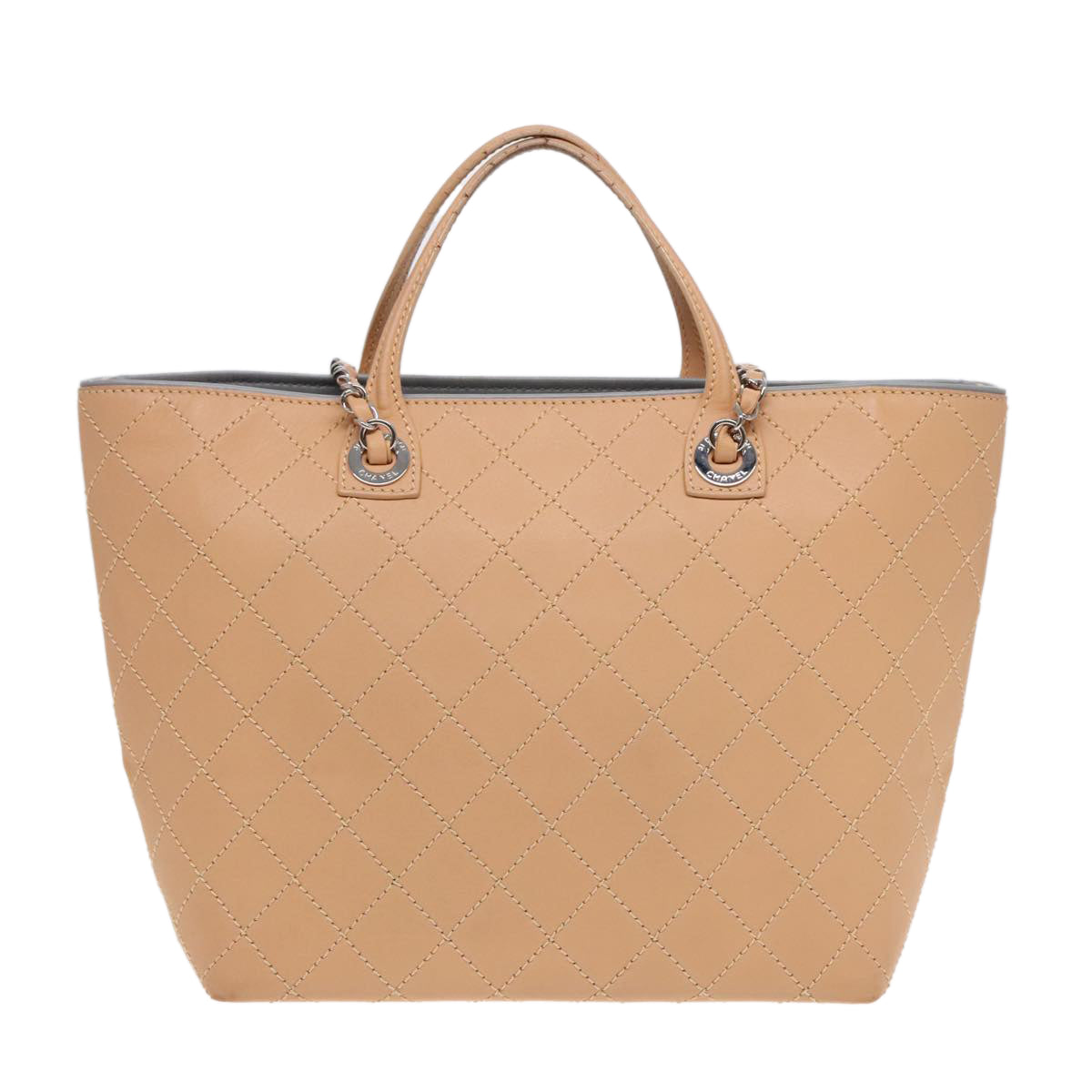 CHANEL Matelasse Chain Tote Bag Leather Beige Silver CC ep5902