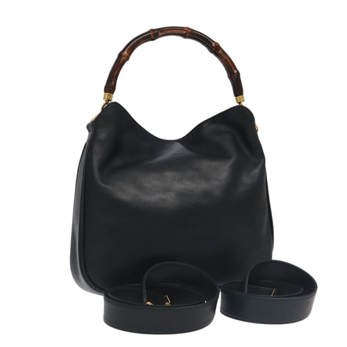GUCCI Bamboo Hand Bag Leather 2way Black Gold 001 3754 1638  ep6234