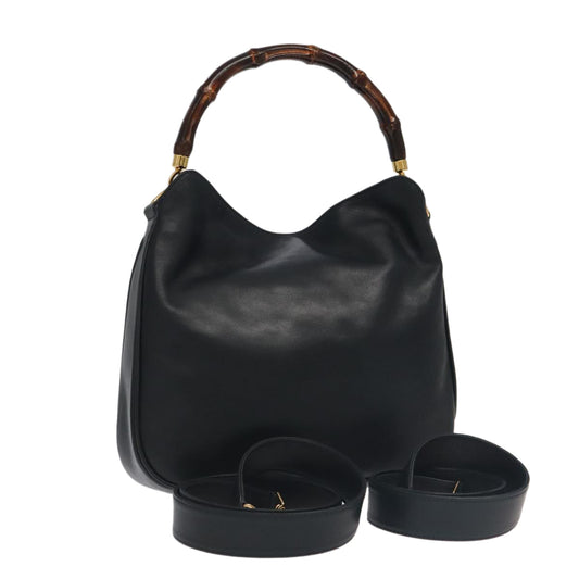 GUCCI Bamboo Hand Bag Leather 2way Black Gold 001 3754 1638  ep6234