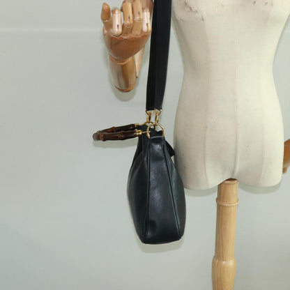 GUCCI Bamboo Hand Bag Leather 2way Black Gold 001 3754 1638  ep6234
