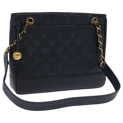 CHANEL Matelasse Chain Shoulder Bag Caviar Skin Navy Gold CC ep6286