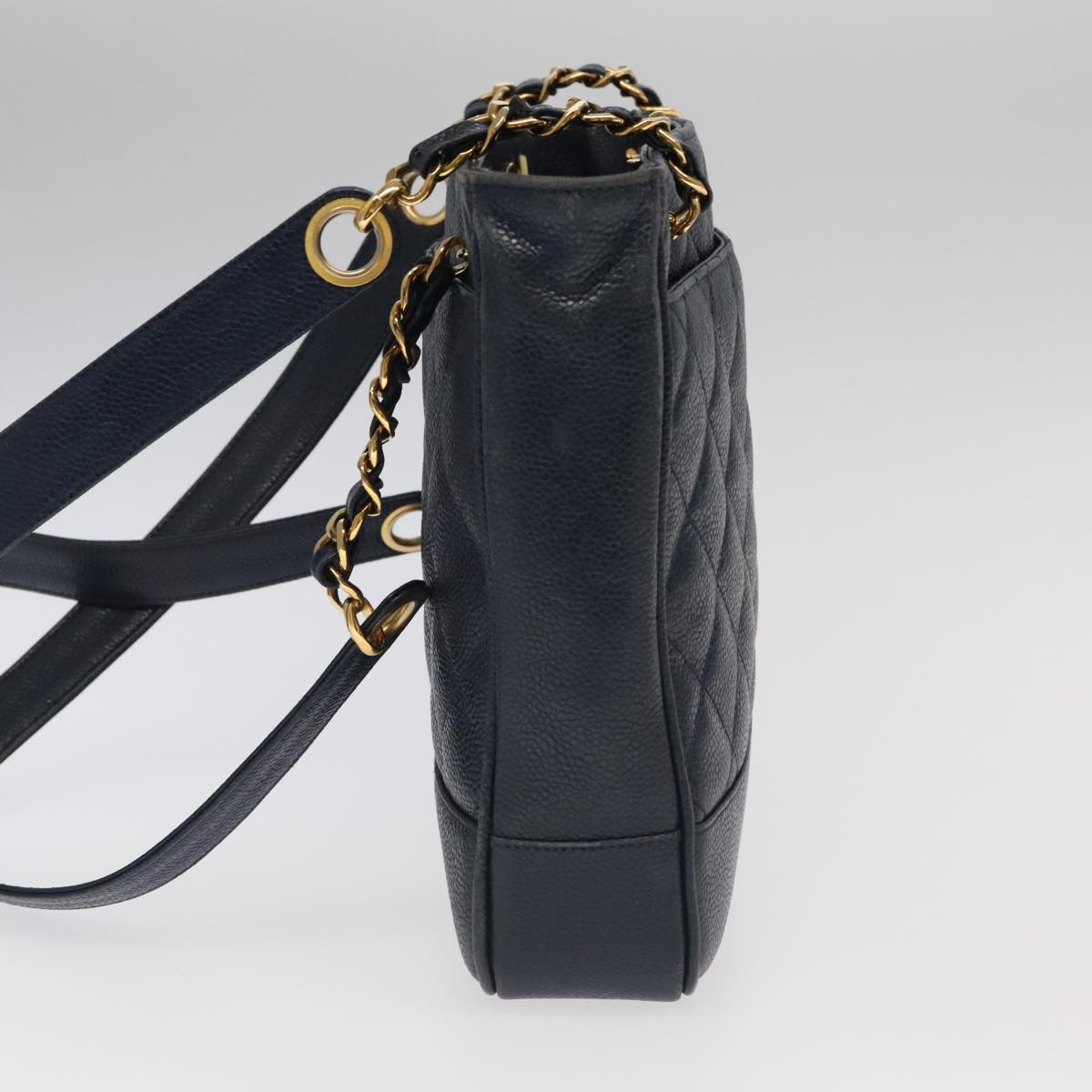 CHANEL Matelasse Chain Shoulder Bag Caviar Skin Navy Gold CC ep6286
