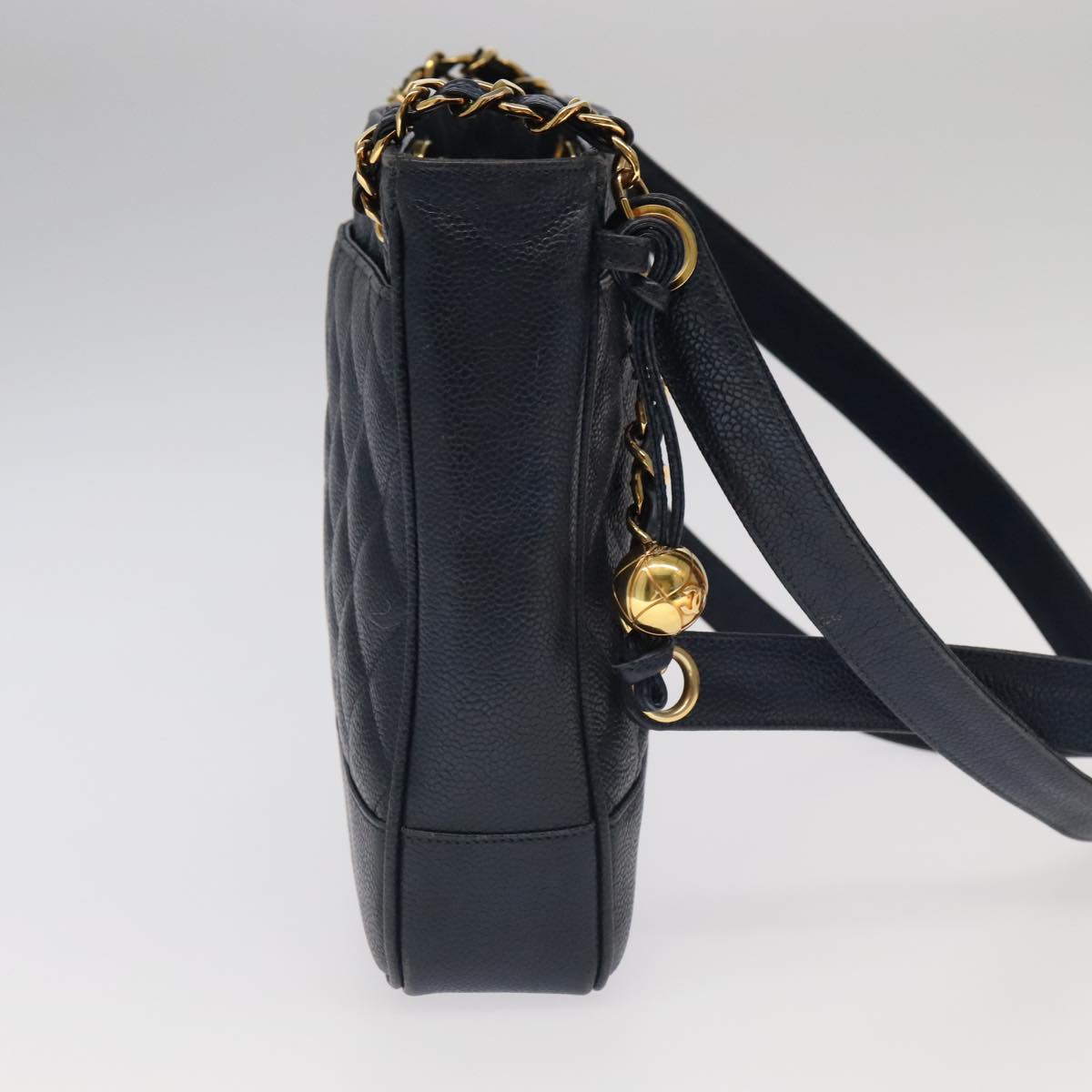 CHANEL Matelasse Chain Shoulder Bag Caviar Skin Navy Gold CC ep6286