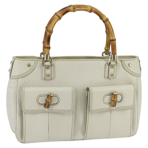 GUCCI Bamboo Hand Bag Leather White Gold 137381  ep6322