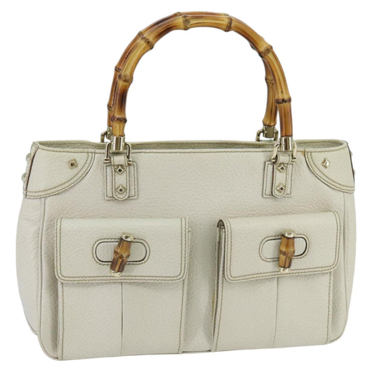 GUCCI Bamboo Hand Bag Leather White Gold 137381  ep6322