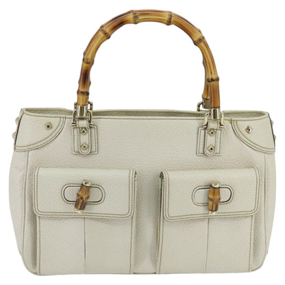 GUCCI Bamboo Hand Bag Leather White Gold 137381  ep6322