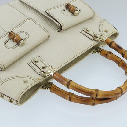 GUCCI Bamboo Hand Bag Leather White Gold 137381  ep6322