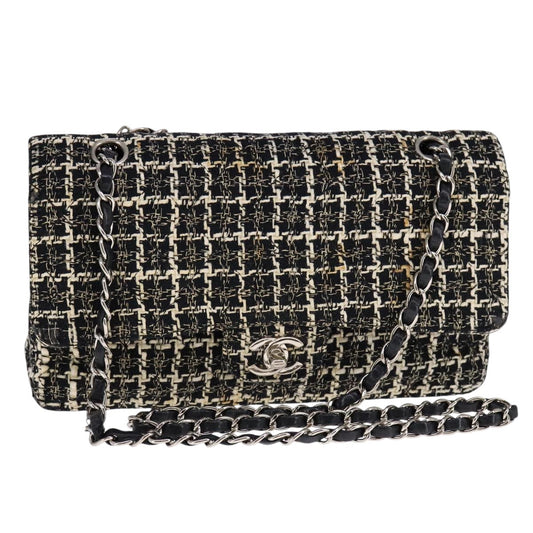 CHANEL Matelasse 25 Double Flap Chain Hand Bag Tweed Black White CC ep7107