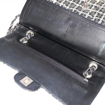 CHANEL Matelasse 25 Double Flap Chain Hand Bag Tweed Black White CC ep7107