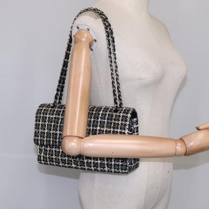 CHANEL Matelasse 25 Double Flap Chain Hand Bag Tweed Black White CC ep7107