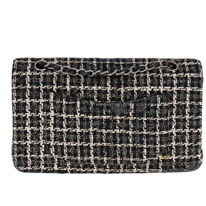 CHANEL Matelasse 25 Double Flap Chain Hand Bag Tweed Black White CC ep7107