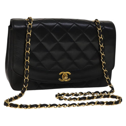 CHANEL Matelasse Chain Diana Shoulder Bag Lamb Skin Black Gold CC ep7163A