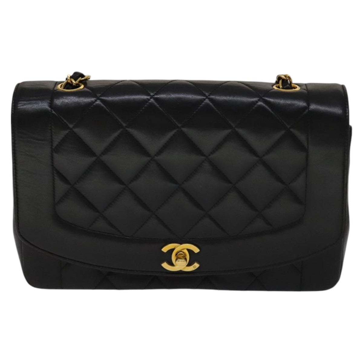 CHANEL Matelasse Chain Diana Shoulder Bag Lamb Skin Black Gold CC ep7163A