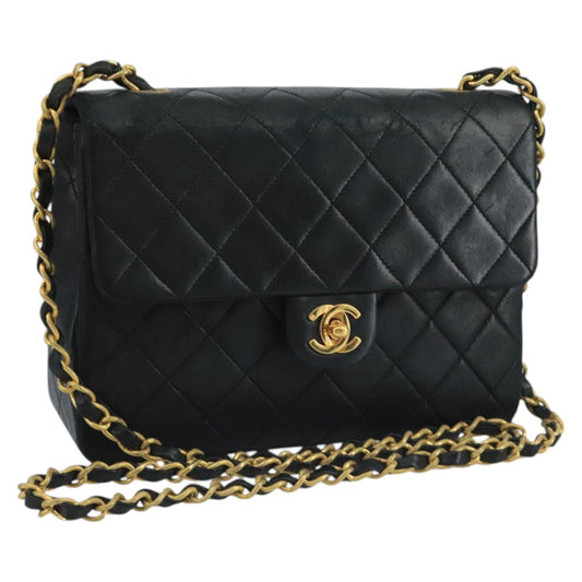 CHANEL Mini Matelasse Chain Shoulder Bag Lamb Skin Black Gold CC ep7176