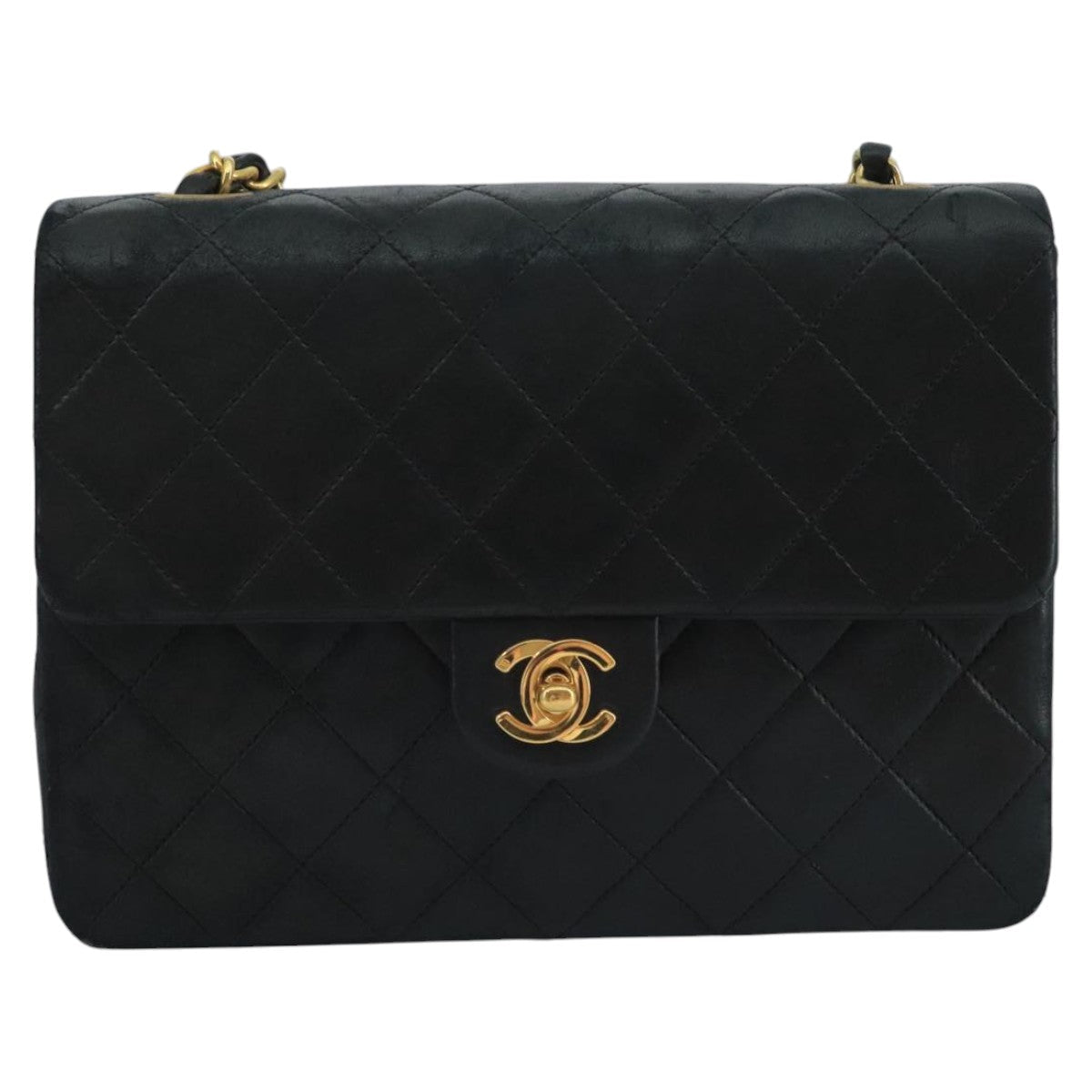 CHANEL Mini Matelasse Chain Shoulder Bag Lamb Skin Black Gold CC ep7176