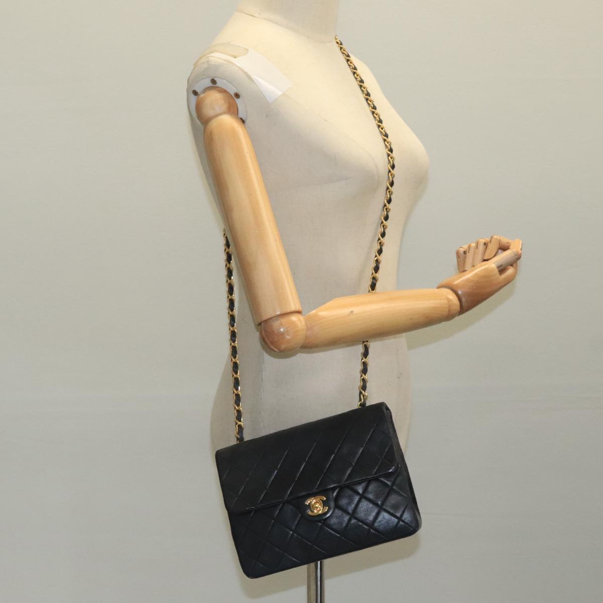 CHANEL Mini Matelasse Chain Shoulder Bag Lamb Skin Black Gold CC ep7176