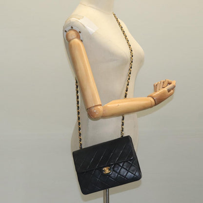 CHANEL Mini Matelasse Chain Shoulder Bag Lamb Skin Black Gold CC ep7176