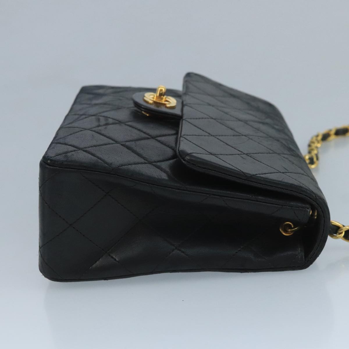 CHANEL Mini Matelasse Chain Shoulder Bag Lamb Skin Black Gold CC ep7176