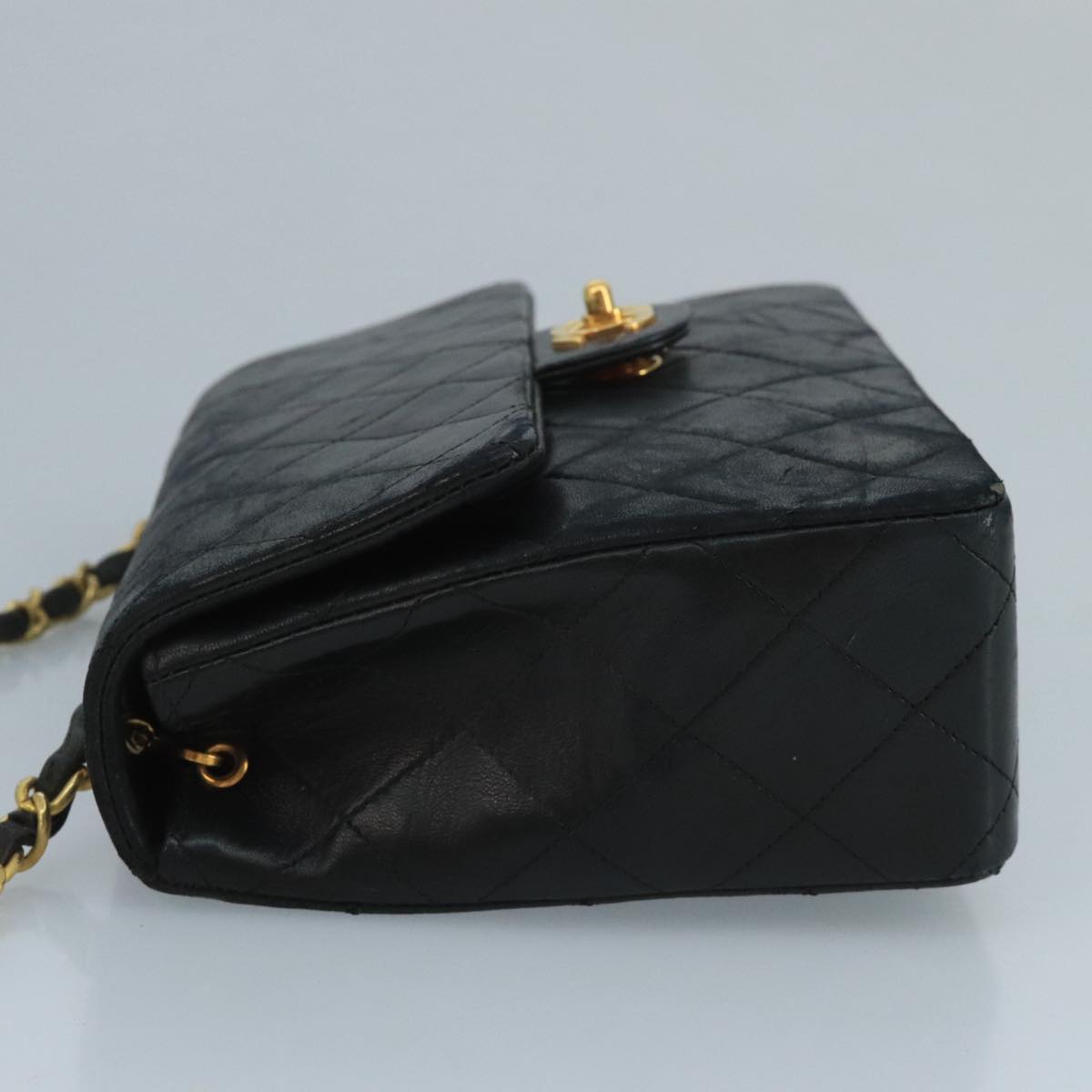 CHANEL Mini Matelasse Chain Shoulder Bag Lamb Skin Black Gold CC ep7176