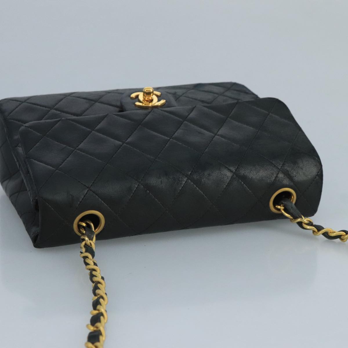 CHANEL Mini Matelasse Chain Shoulder Bag Lamb Skin Black Gold CC ep7176