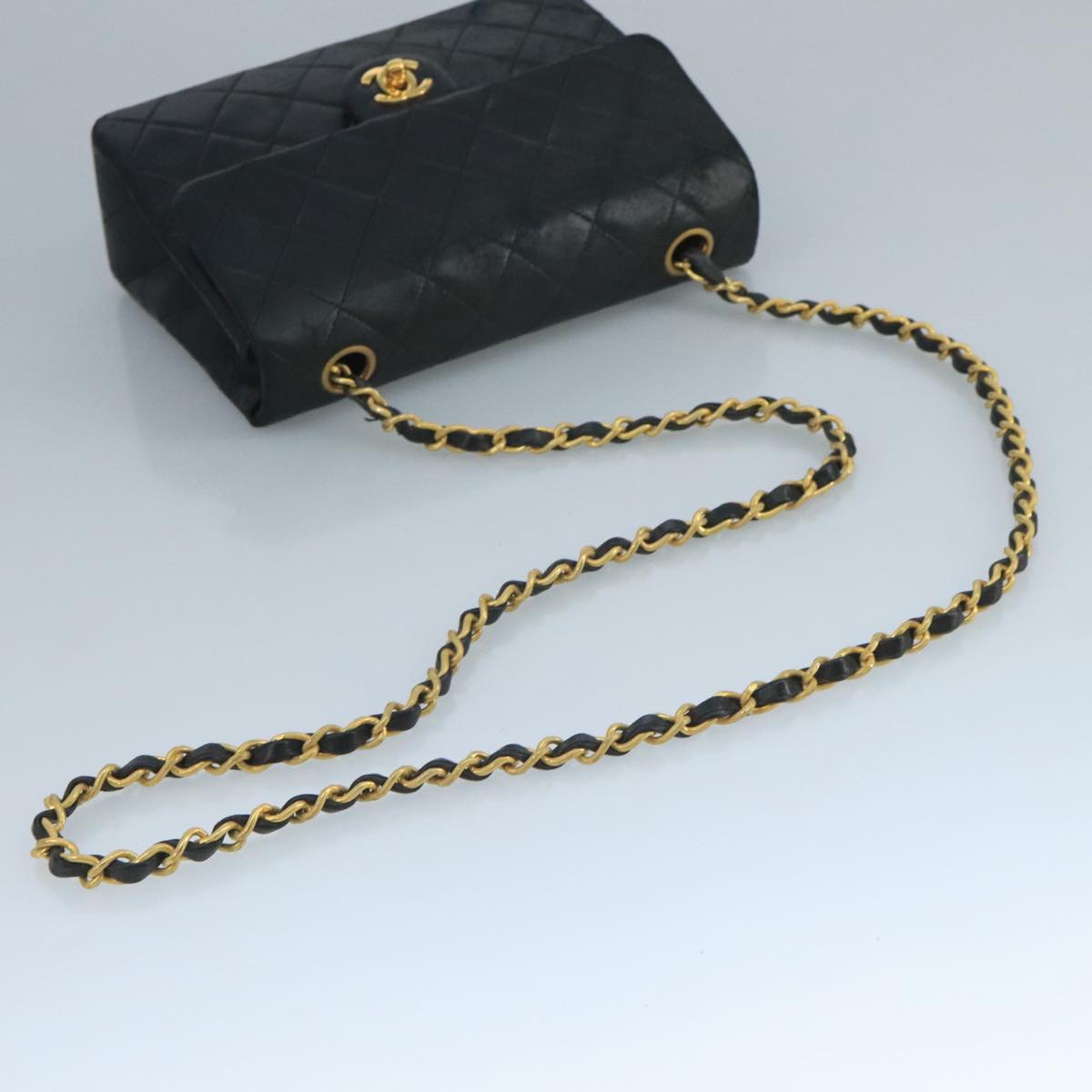 CHANEL Mini Matelasse Chain Shoulder Bag Lamb Skin Black Gold CC ep7176