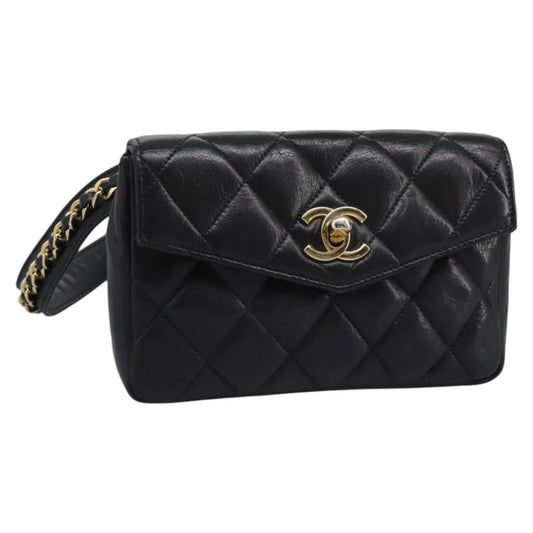 CHANEL Matelasse Chain Waist bag Lamb Skin Black Gold CC ep7397