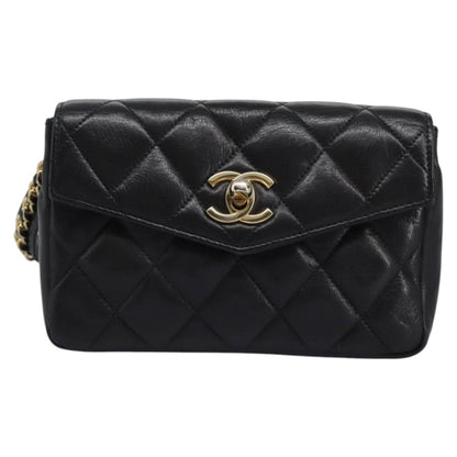 CHANEL Matelasse Chain Waist bag Lamb Skin Black Gold CC ep7397