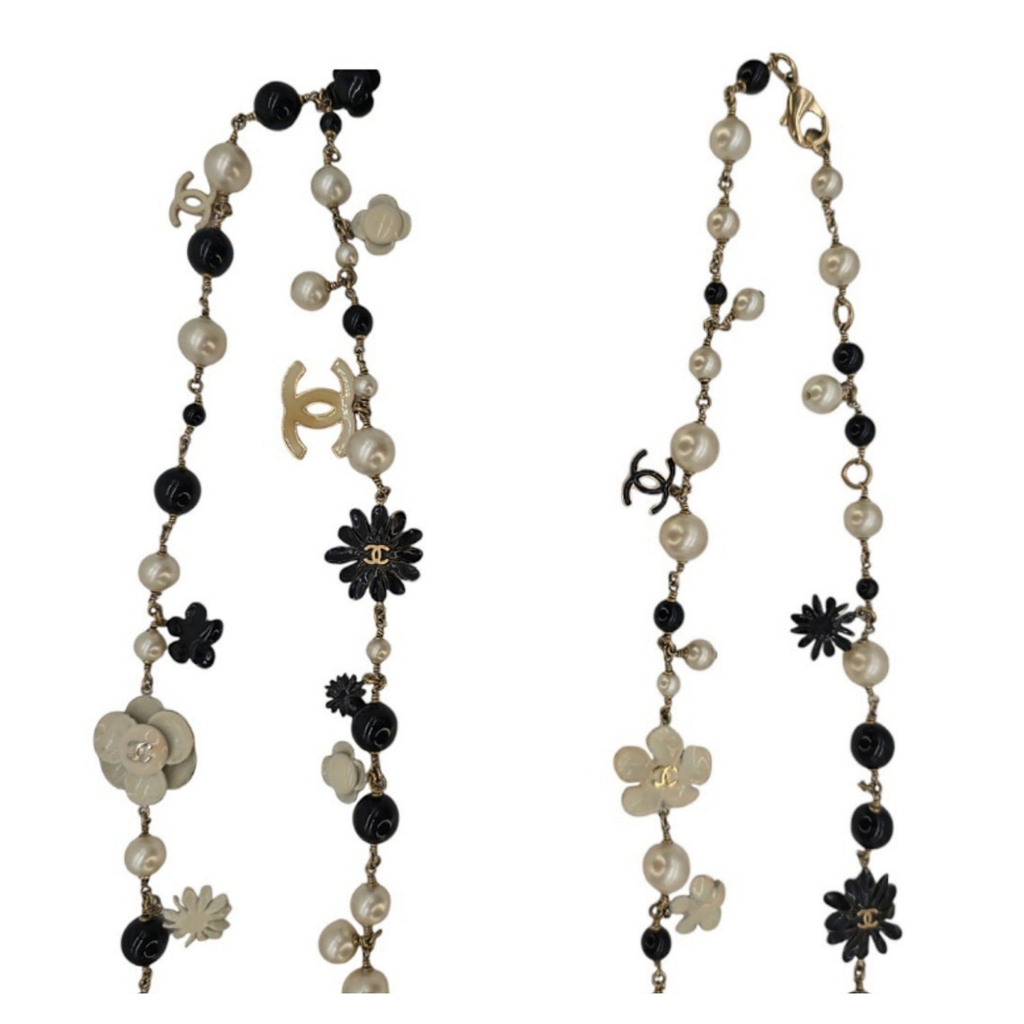 Chanel CC Camellia Black Bead Faux Pearl Long Necklace