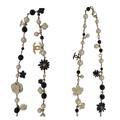 Chanel CC Camellia Black Bead Faux Pearl Long Necklace