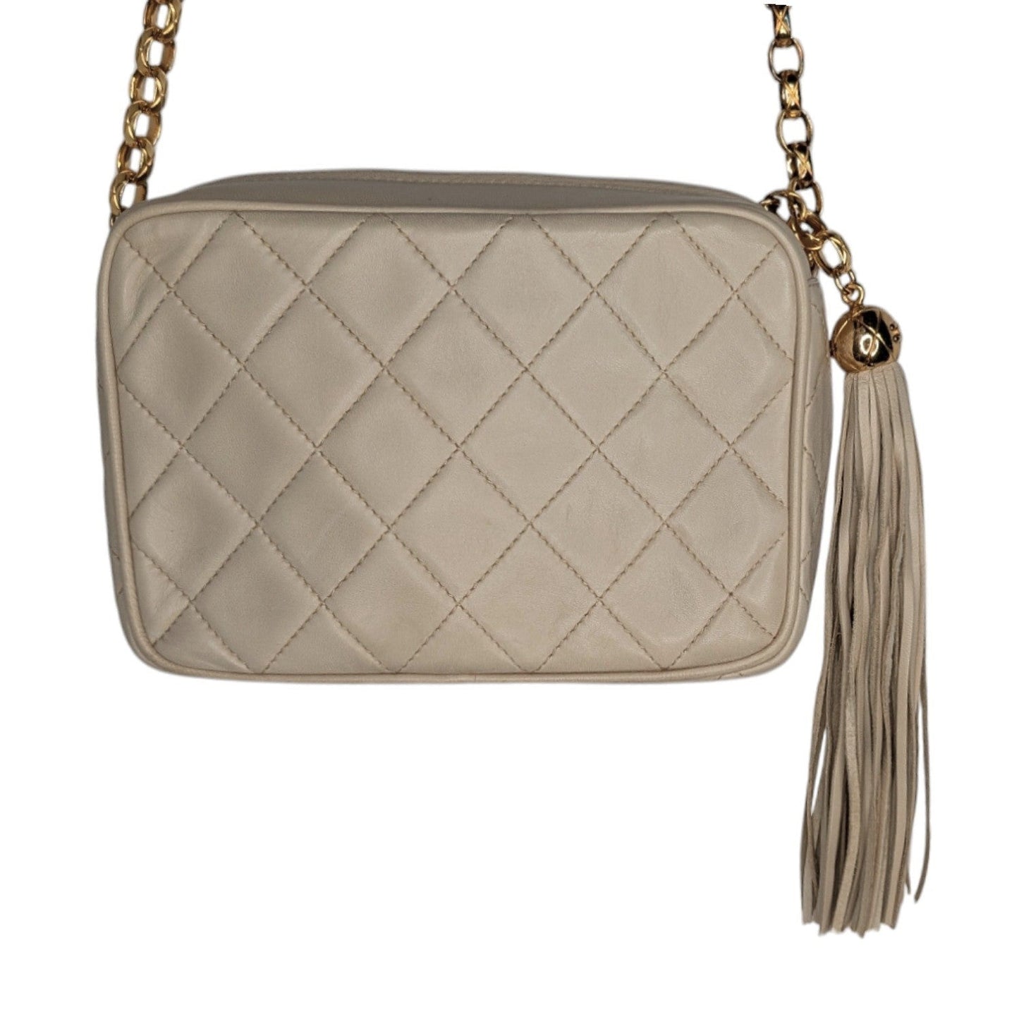 Chanel Vintage Cream Quilted Front Pocket Camera Tassel Bag