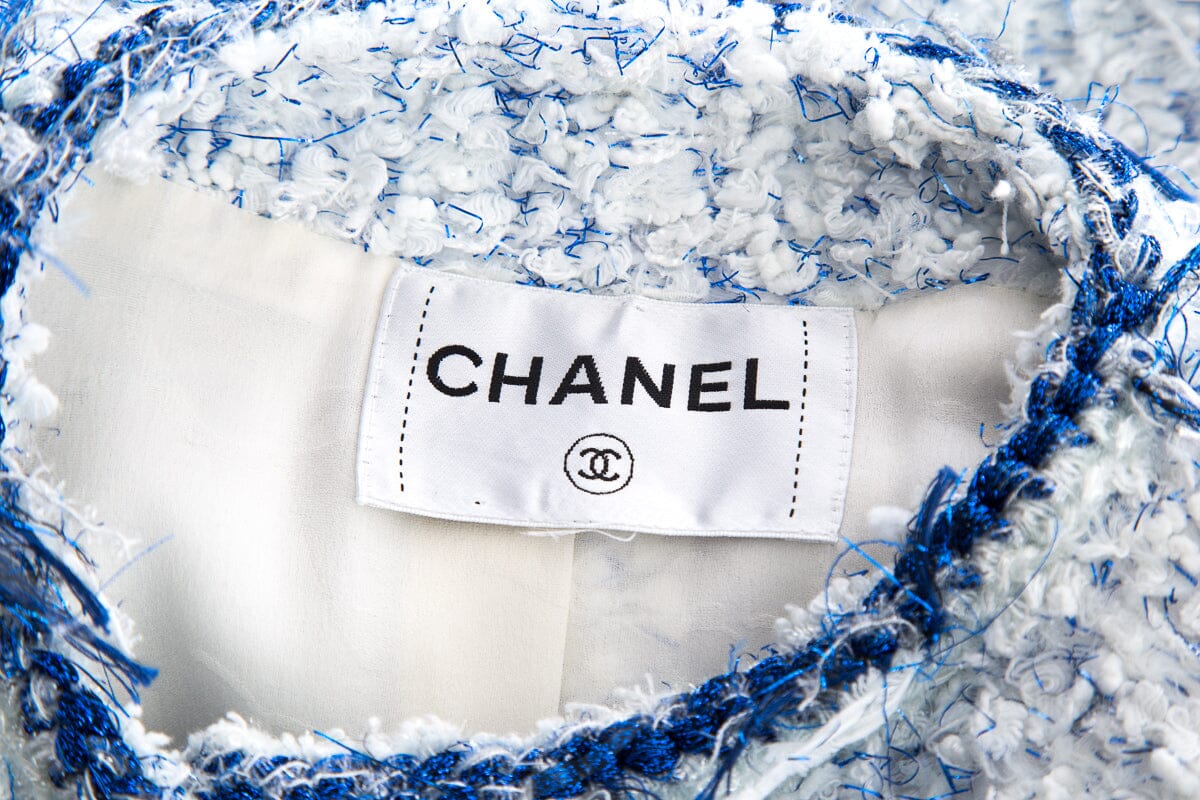 Chanel White & Blue Shimmer Tweed Jacket SZ 36