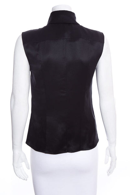 Chanel Black Silk Satin Tie Neck Tank SZ 36