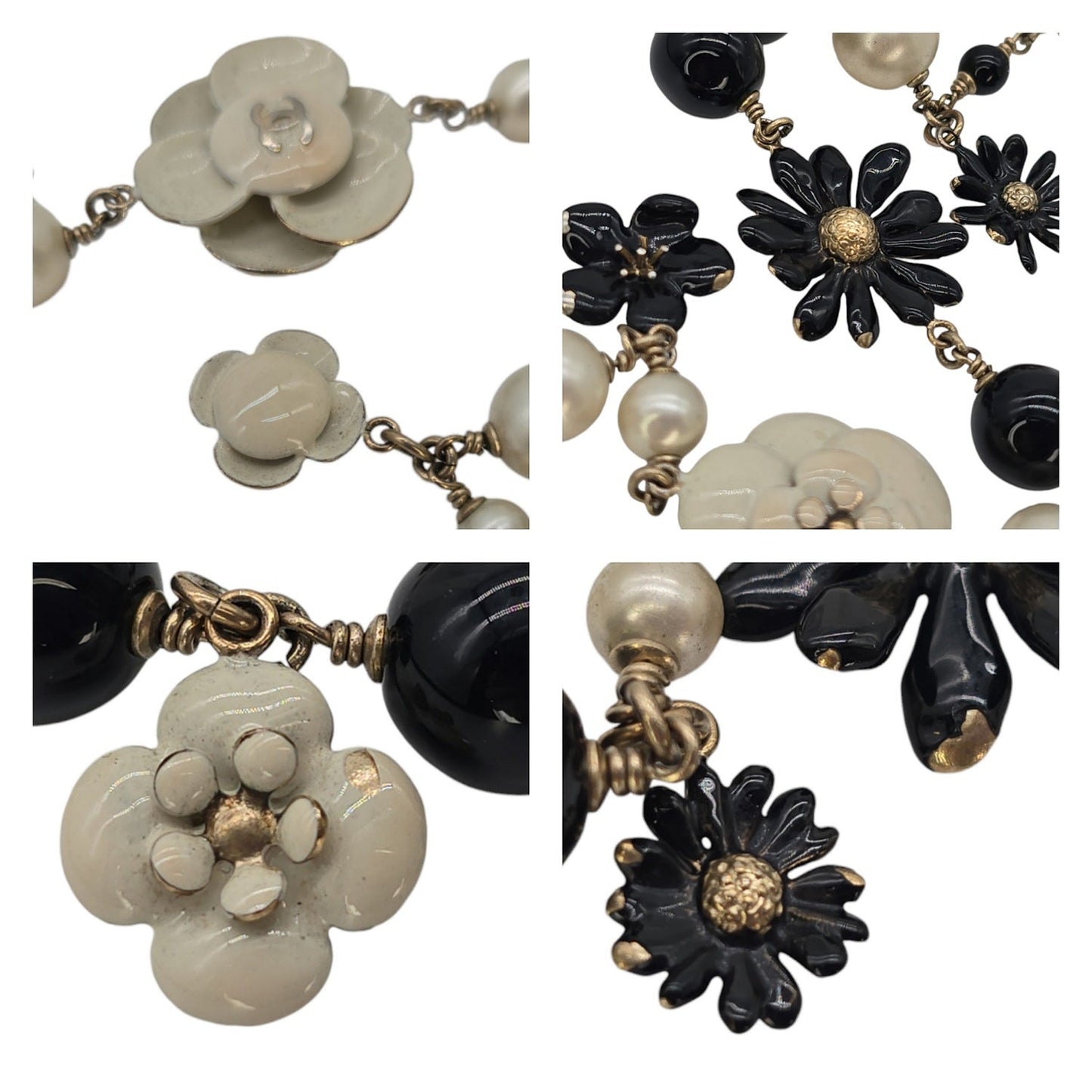Chanel CC Camellia Black Bead Faux Pearl Long Necklace