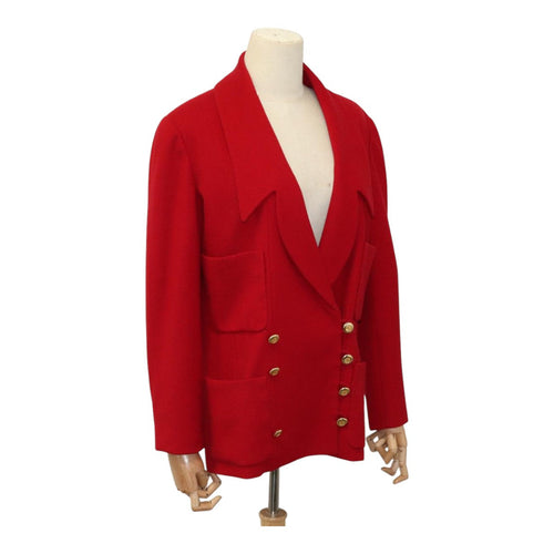 CHANEL Coat Jacket Cashmere Red CC FF0216