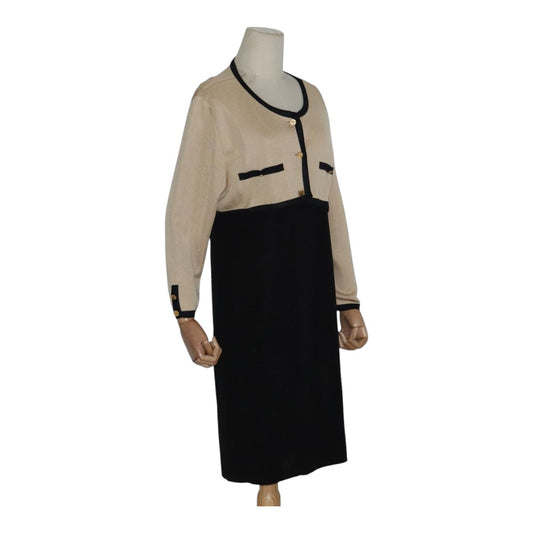 CHANEL Cardigan & Dress Set Wool Beige Black CC FF1462