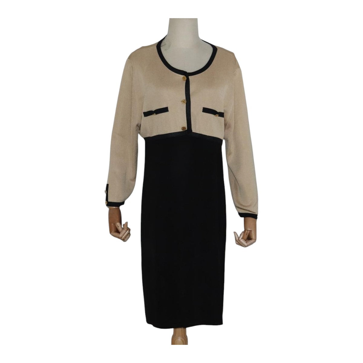 CHANEL Cardigan & Dress Set Wool Beige Black CC FF1462
