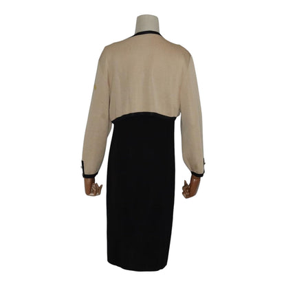CHANEL Cardigan & Dress Set Wool Beige Black CC FF1462