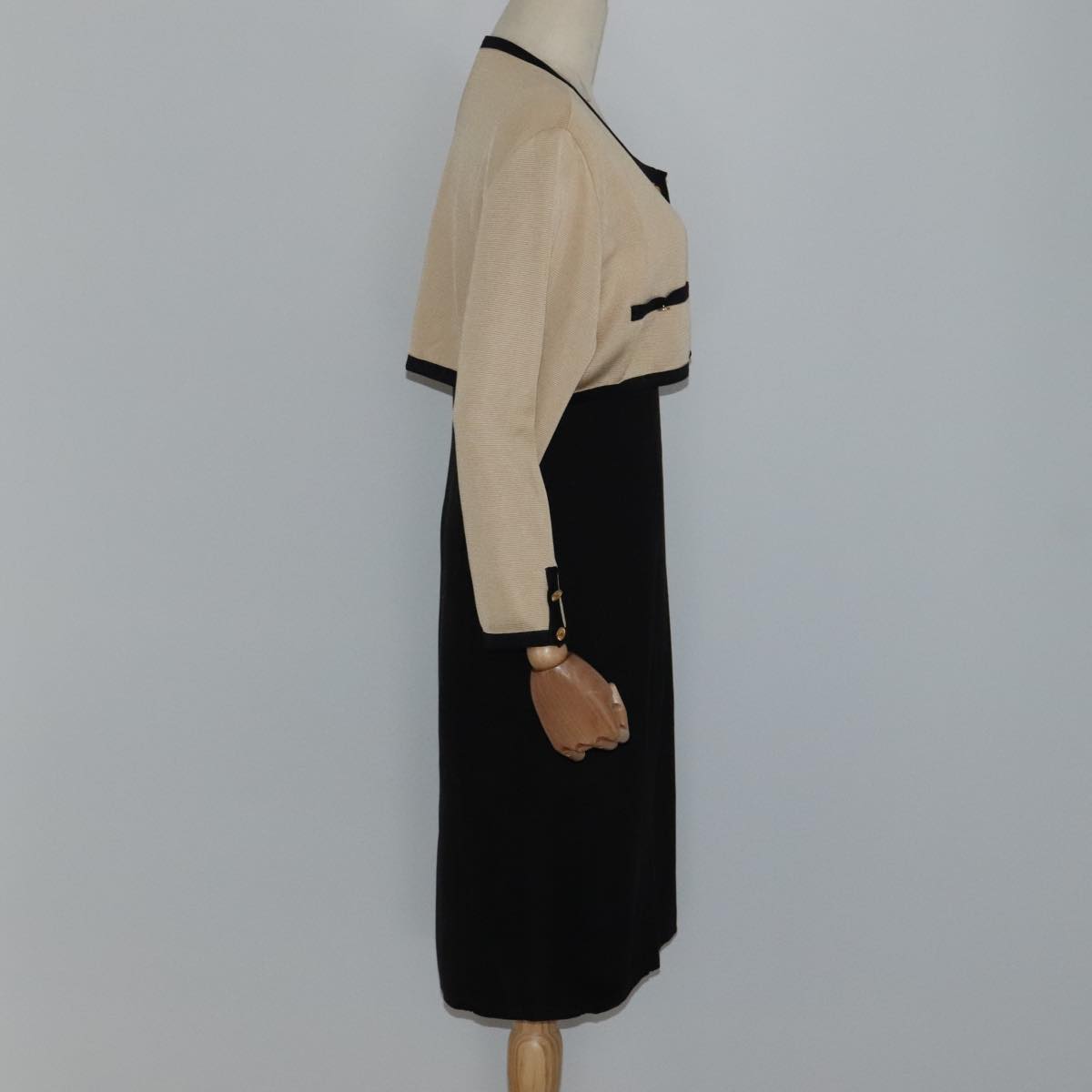 CHANEL Cardigan & Dress Set Wool Beige Black CC FF1462