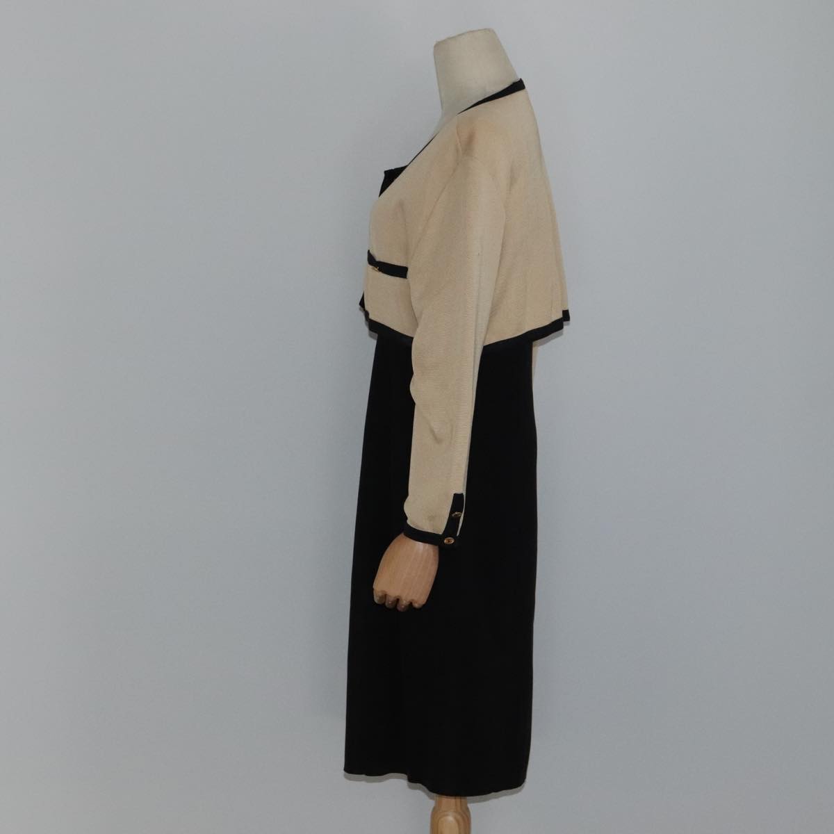 CHANEL Cardigan & Dress Set Wool Beige Black CC FF1462