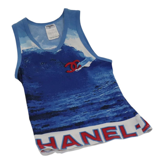 CHANEL Surfline Tank Top Cotton Blue CC FF2625